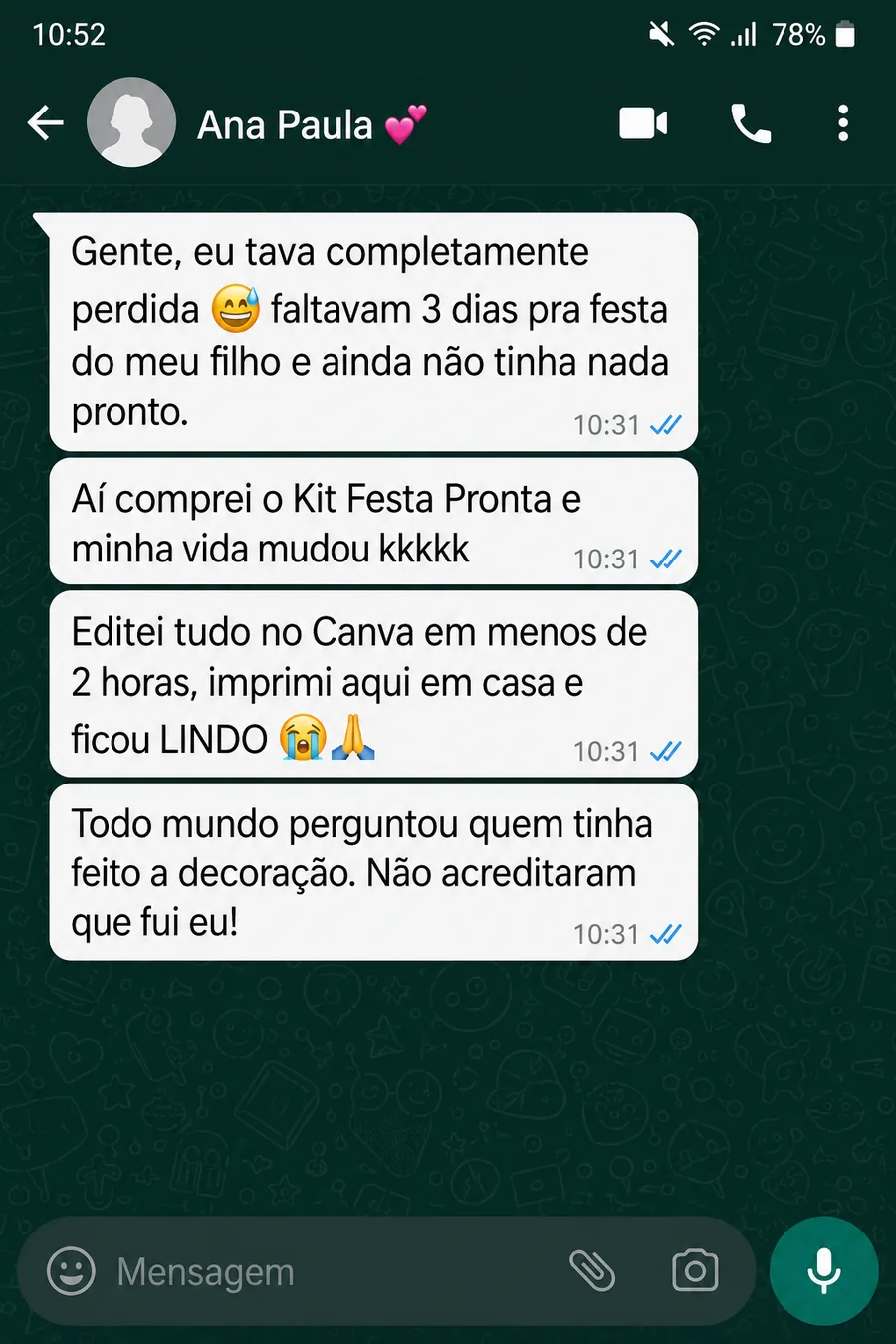 Depoimento 1 de cliente no WhatsApp